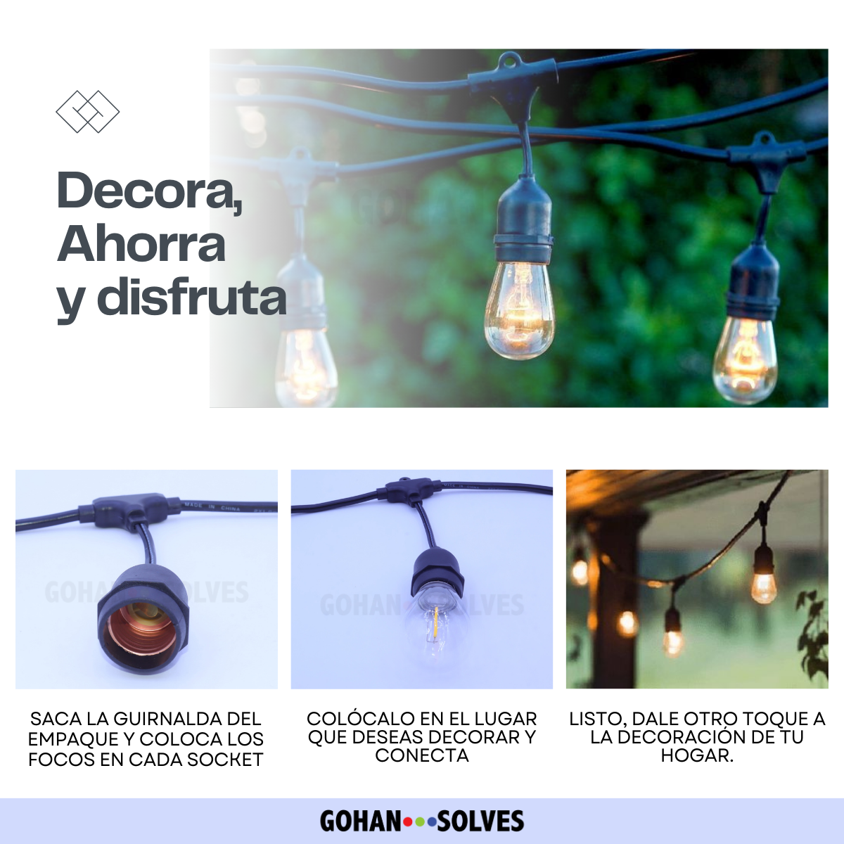 Foto 6 pulgar | Luces Para Jardín Exterior, Guirnalda Led 5 Metros Con 10 Sockets Base E26 / 27, Ahorro De Energía, Impermeabl