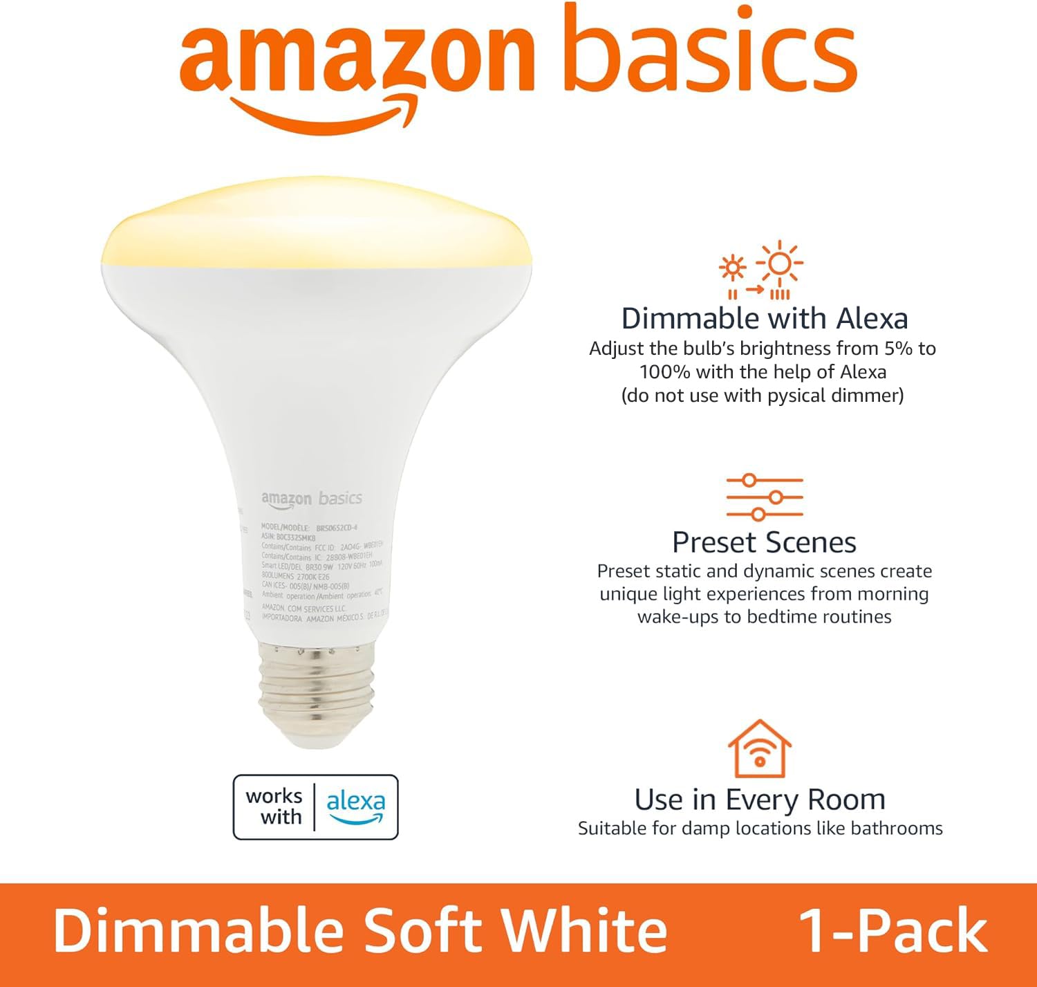 Foto 3 pulgar | Bombilla Led Inteligente Amazon Basics Br30 9 W 800 Lm 2700 K, Paquete De 1 - Venta Internacional.