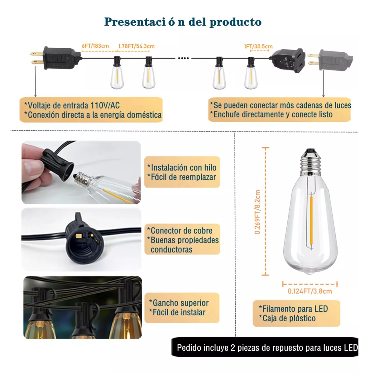 Foto 4 pulgar | Guirnalda De Luces 30+2 Led Focos De Exterior Vintage 20m Eo Safe Imports Esi-13205 Multicolor