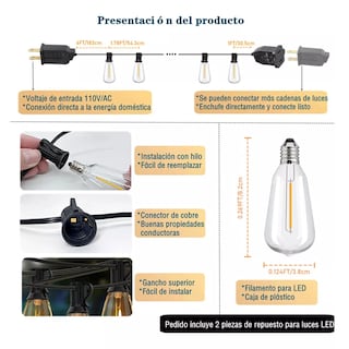 Foto 3 | Guirnalda De Luces 30+2 Led Focos De Exterior Vintage 20m Eo Safe Imports Esi-13205 Multicolor