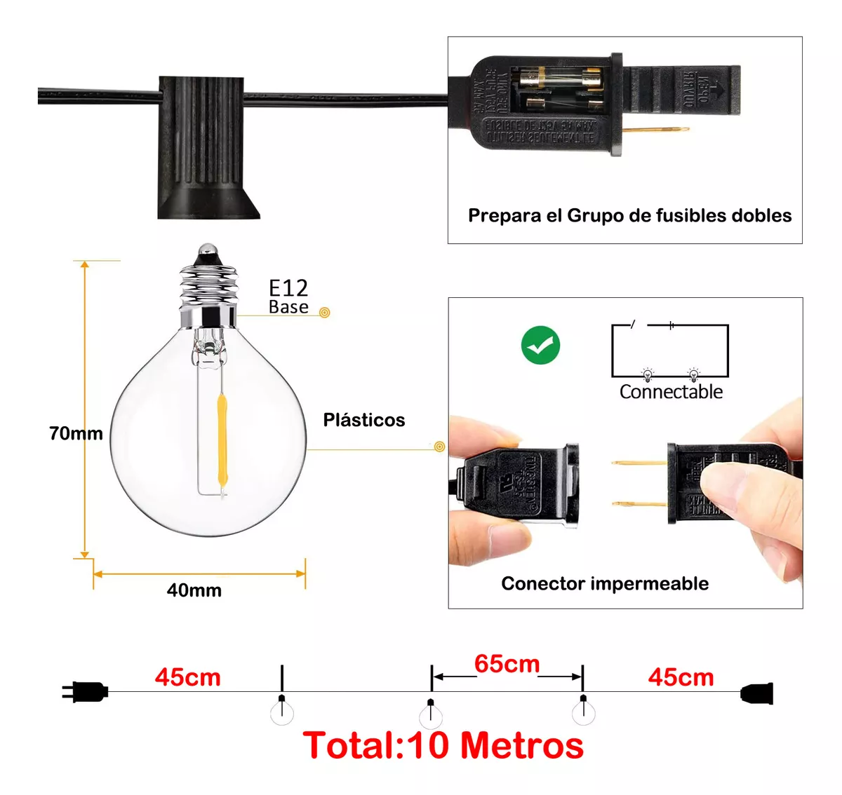 Foto 4 pulgar | 10m Guirnalda De Luces Wund 15 Focos Led Exterior Vintage Jardin