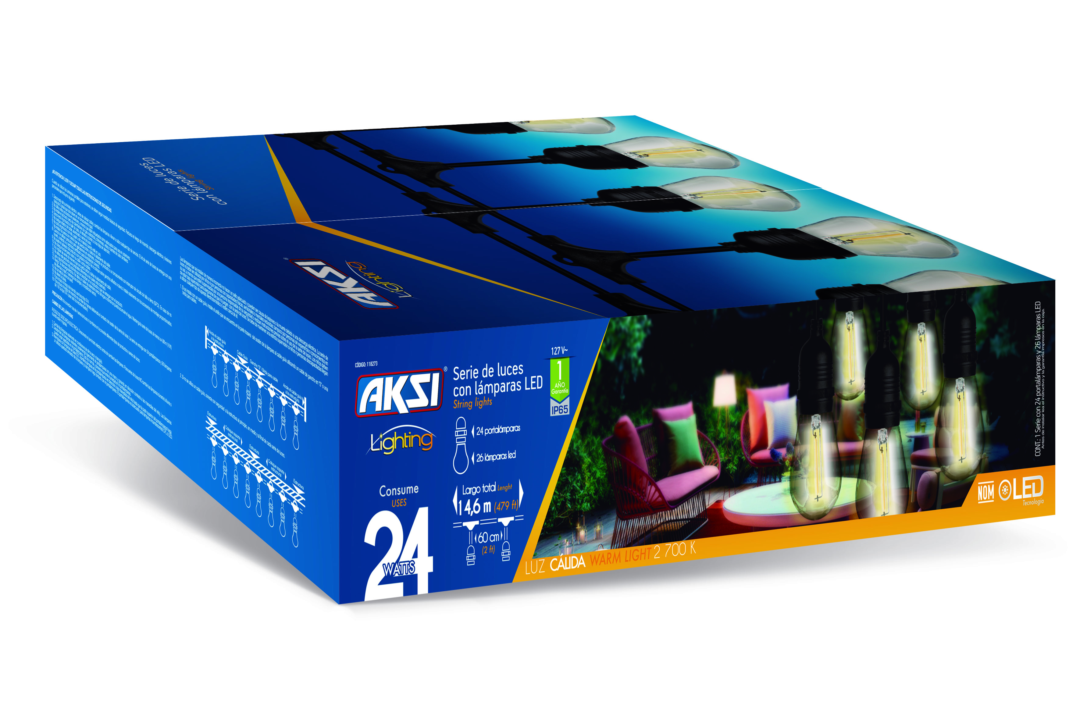 Foto 4 pulgar | Guirlanda Led Aksi Exteriores Con 24 Focos 1w 14.6 M Luz Calida