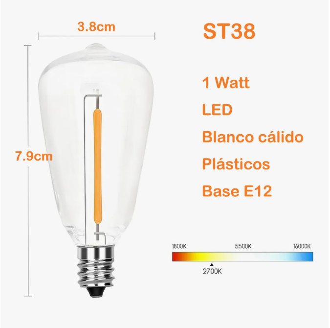 Foto 5 | Guirnalda De Luces Led Exterior 15m 15+1 Focos Led St38 Inastillables Alto Brillo Impermeable Ip45 Serie Luz Vin
