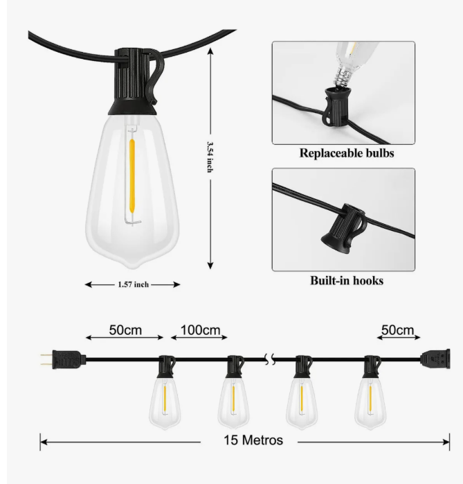 Foto 7 pulgar | Guirnalda De Luces Led Exterior 15m 15+1 Focos Led St38 Inastillables Alto Brillo Impermeable Ip45 Serie Luz Vin