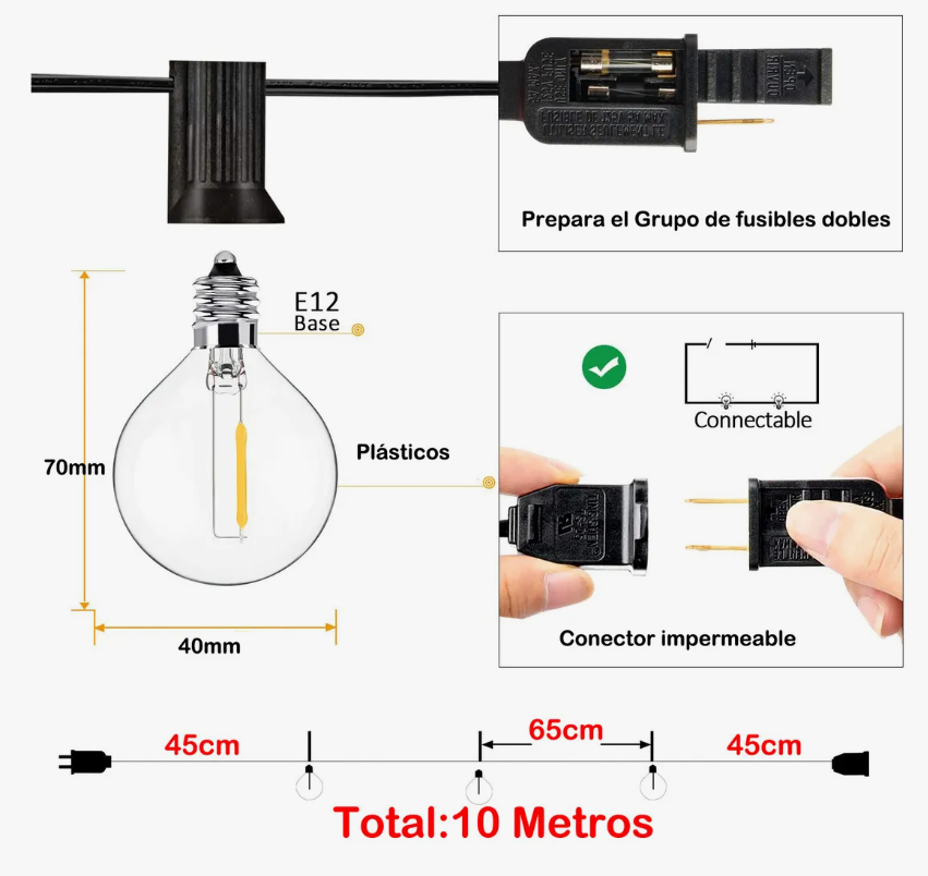 Foto 5 pulgar | 10m Guirnalda De Luces 15 Focos Led Exterior Vintage Jardin