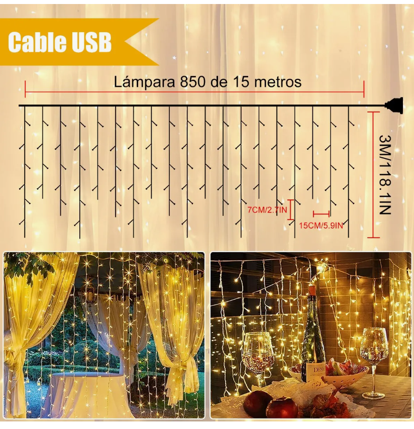 Foto 3 pulgar | Cortinas Serie Luces Cascada 850 Led Decorativo 15m