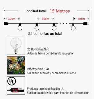 Foto 4 | Guirnalda De Luces Exterior, 15metros 25+2 Focos Vidrio G40 Ip44 Blanco Cálido, Serie Luz Vintage Decorativas