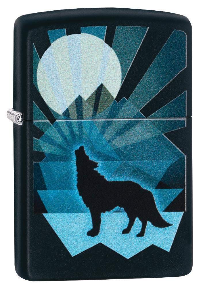 Mechero De Bolsillo Zippo, Diseño De Lobo Y Luna, Negro Mate - Venta Internacional.