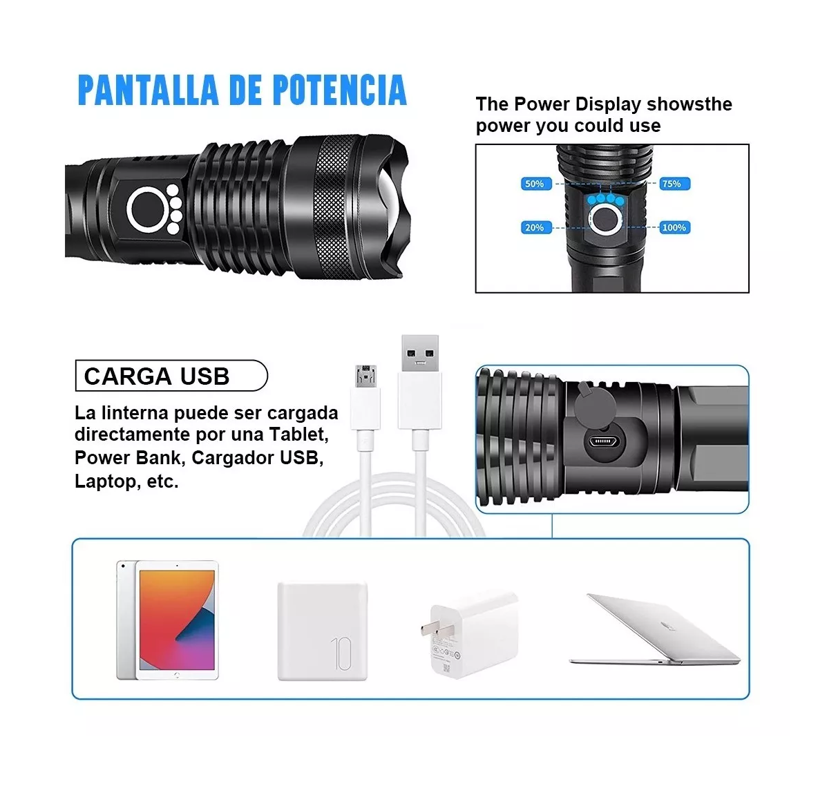 Foto 3 pulgar | Lámpara Táctica Recargable Belug color Negro 30000 Lm Led