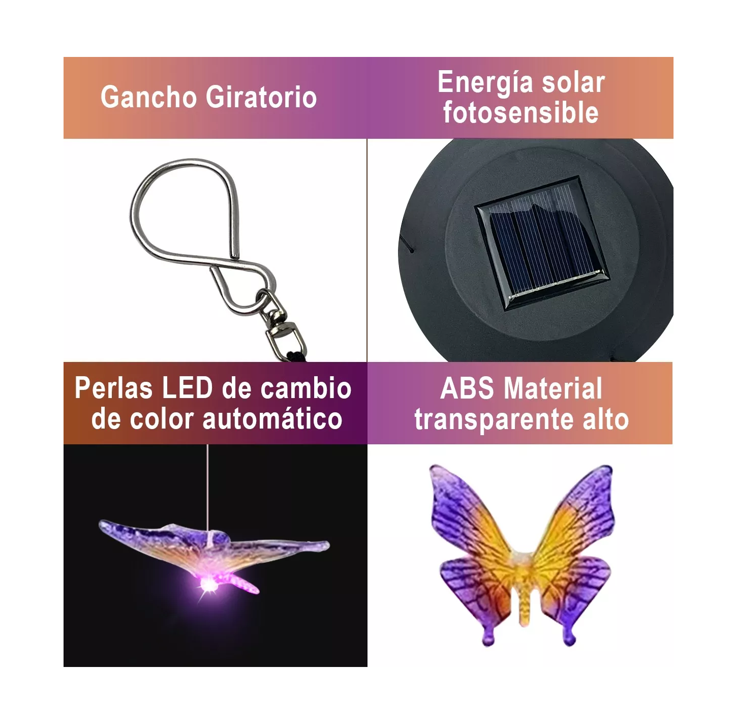 Foto 3 pulgar | Carillón Viento Solar Diseño Mariposa Morado