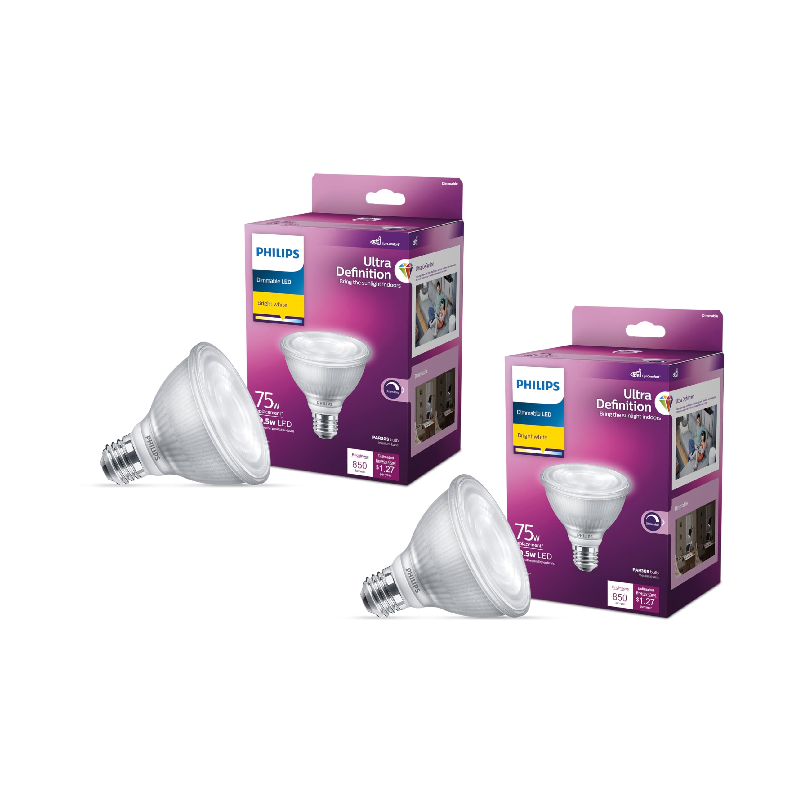 Bombilla Philips Ultra Definition 75 W (equivalente) Par30 3000 K, Paquete De 2 - Venta Internacional.