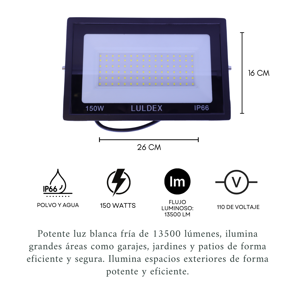 Foto 5 pulgar | Reflector Led Exterior 150w Ip66, Luz Blanca Fría, 13500 Lúmenes, Ahorro Energía, Ideal Garajes, Jardines, Color Negro