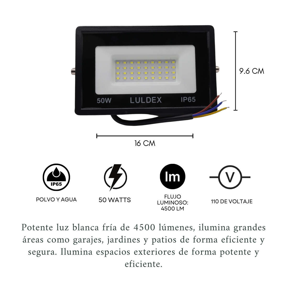 Foto 5 pulgar | Nombre:  Reflector Led Exterior 50w Ip65, Luz Blanca Fría, 4500 Lúmenes, Ahorro Energía, Ideal Garajes, Jardines