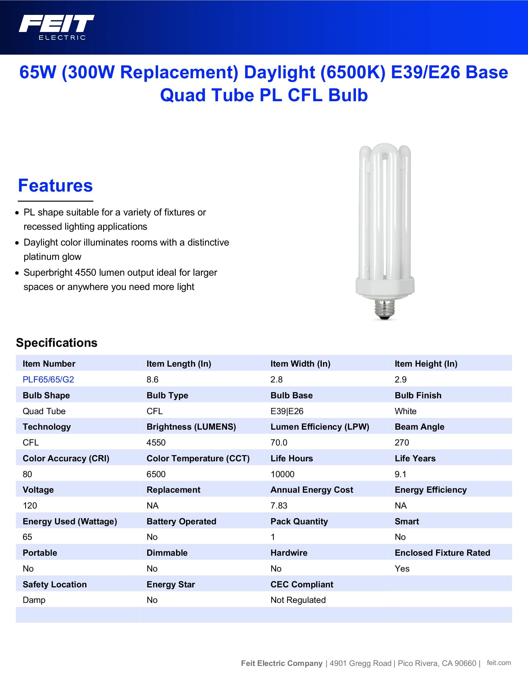 Foto 3 pulgar | Bombilla Cfl Feit Electric Plf65/65/g2, 65 W, 6500 K, Base E26 - Venta Internacional.