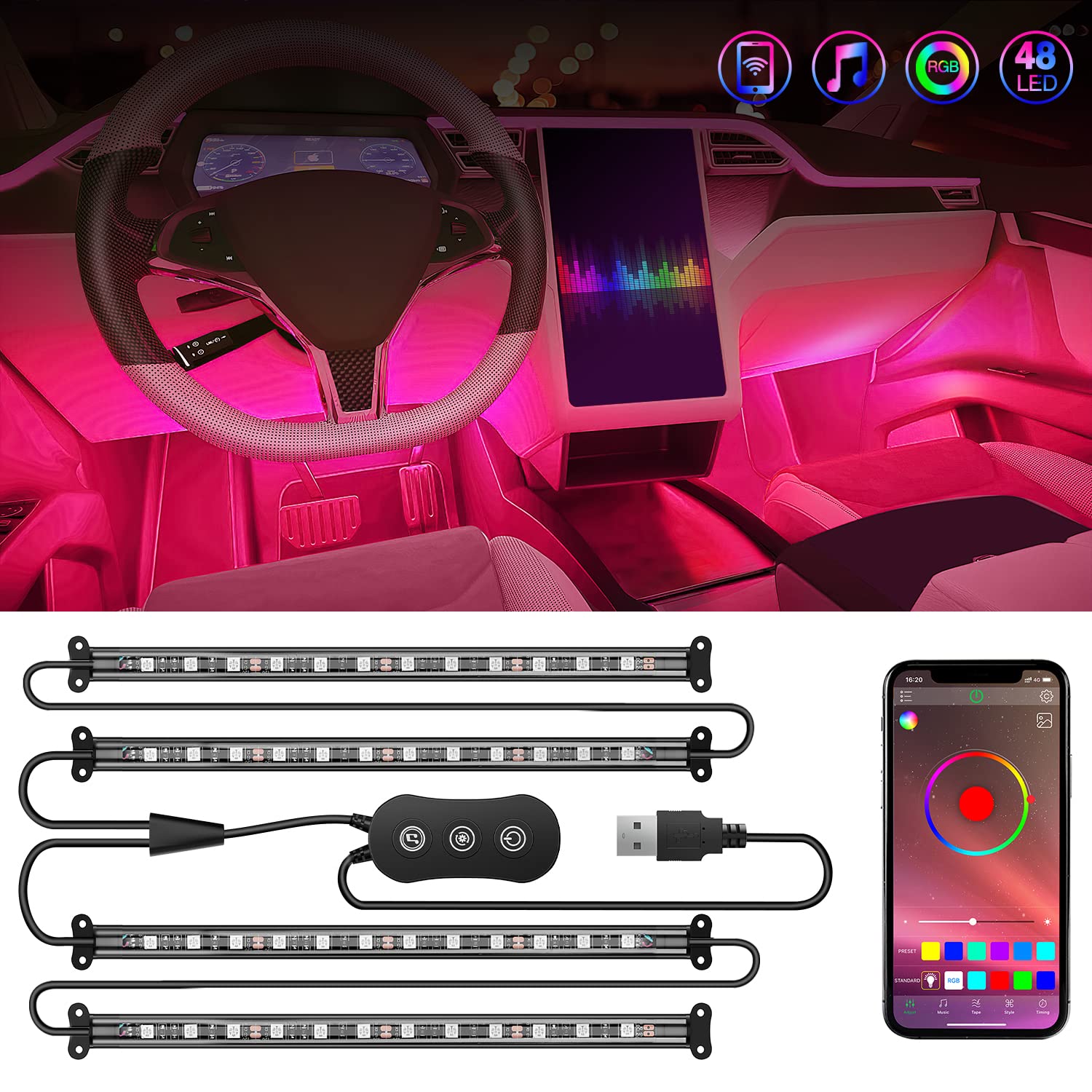 Foto 1 | Luces Interiores De Coche Nilight, 48 Led, Tiras Led Rgb, 4 Unidades - Venta Internacional.
