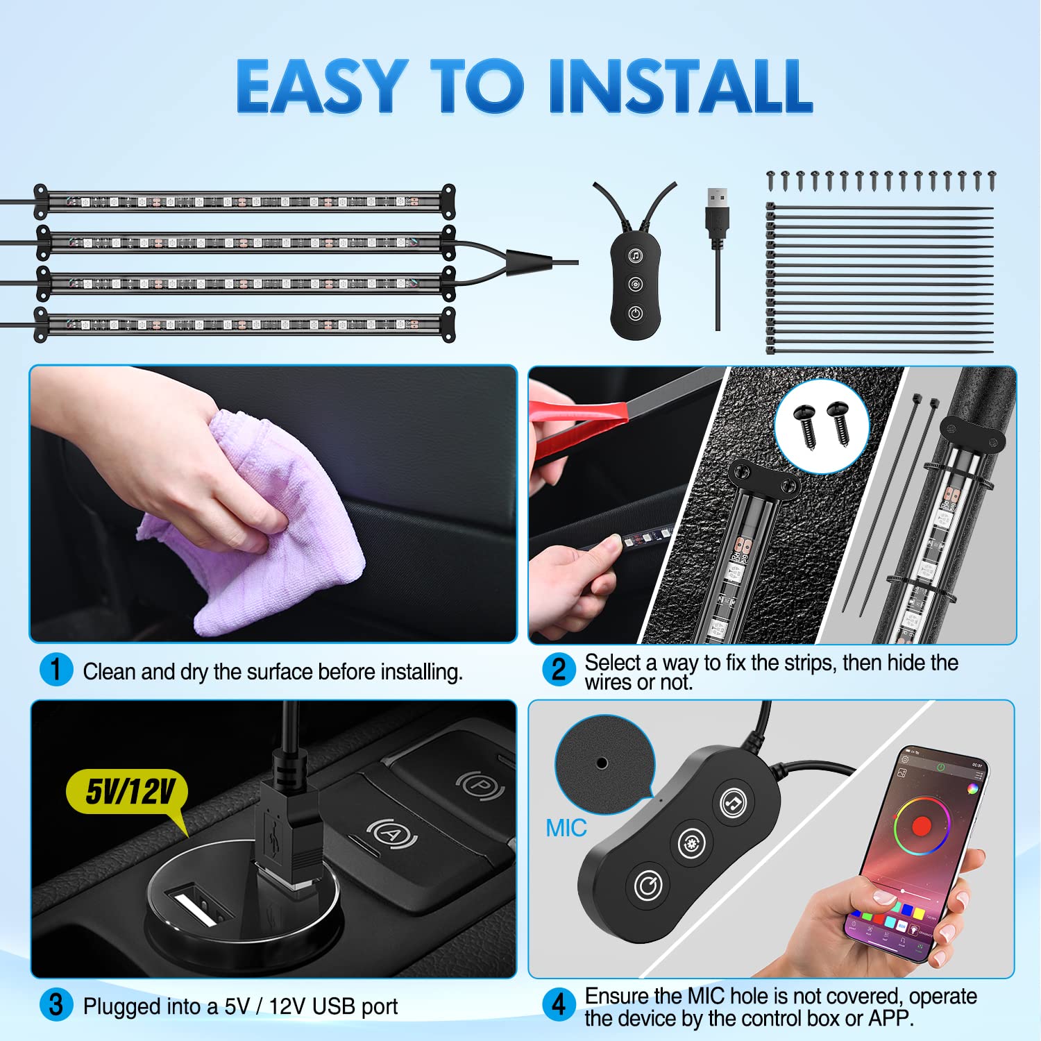 Foto 6 pulgar | Luces Interiores De Coche Nilight, 48 Led, Tiras Led Rgb, 4 Unidades - Venta Internacional.