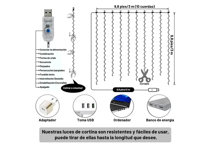 Foto 6 pulgar | Luces Decorativas Xtellar 3x3m Cortina De 300 Led, Recargables Por Usb