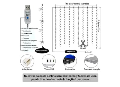 Foto 5 | Luces Decorativas Xtellar 3x3m Cortina De 300 Led, Recargables Por Usb