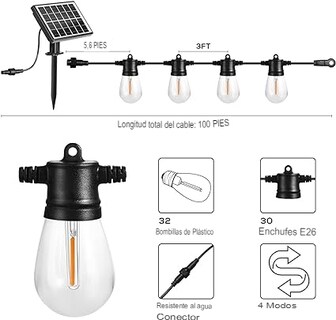 Foto 2 | Tira de Luces Solares para Exteriores 10 Bombillas de 10 m - Venta Internacional