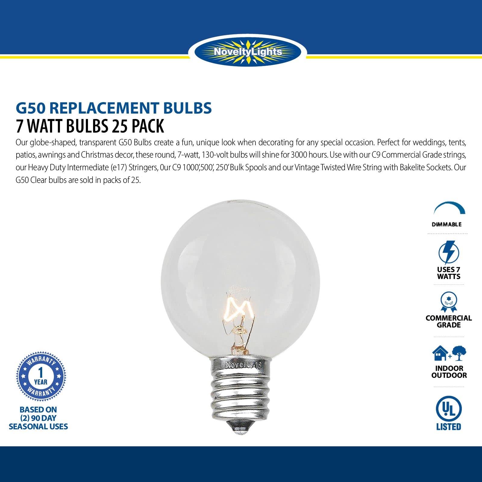 Foto 7 | Bombillas De Repuesto Novelty Lights G50 Globe  7 W  E17/c9  Paquete De 25 - Venta Internacional.