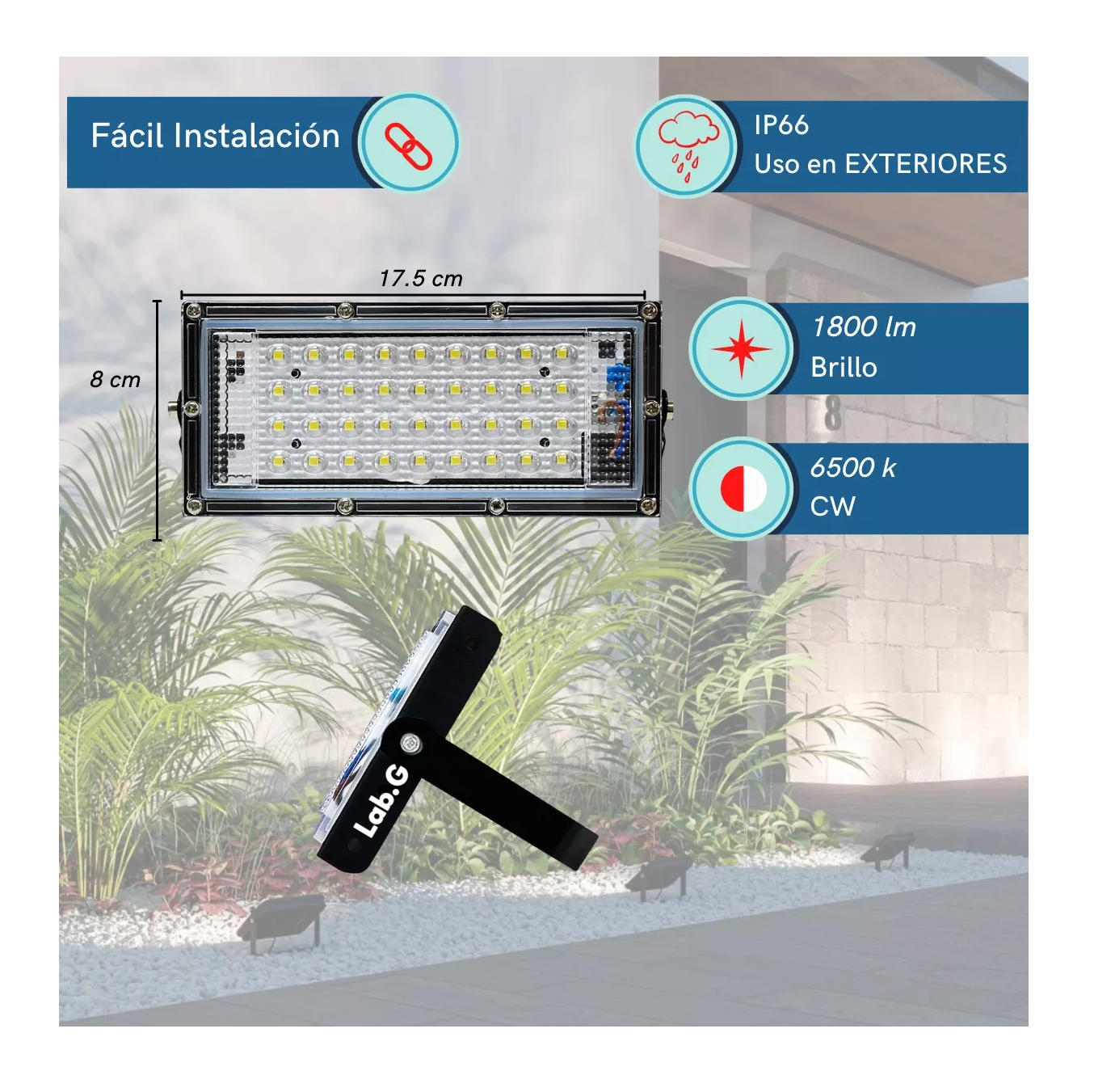 Foto 3 | Reflector Led 20w Luminario Exterior Lab.g R18w30mm20 - 5 Pzs Carcasa Negro Luz Blanco Frío