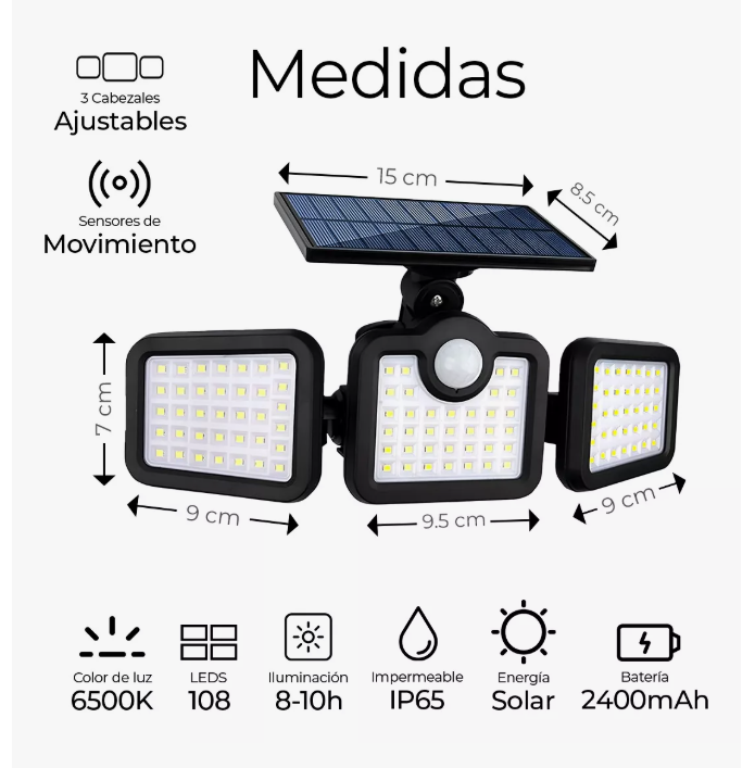 Foto 3 pulgar | Lampara Solar Con 3 Cabezales Sensor De Movimiento 108 Leds Color De La Luz Blanco 6500 K