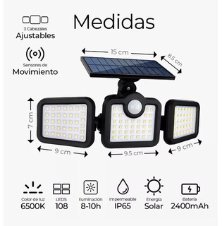 Foto 2 | Lampara Solar Con 3 Cabezales Sensor De Movimiento 108 Leds Color De La Luz Blanco 6500 K