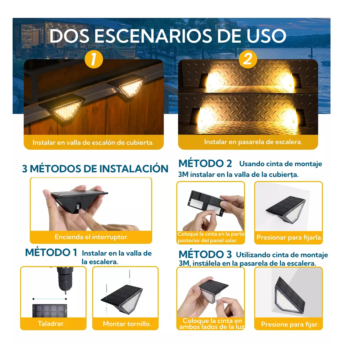 Foto 5 pulgar | Luz De Escalera Solar Recargable Exterior Pared Jardín 4 Pzs, Negro
