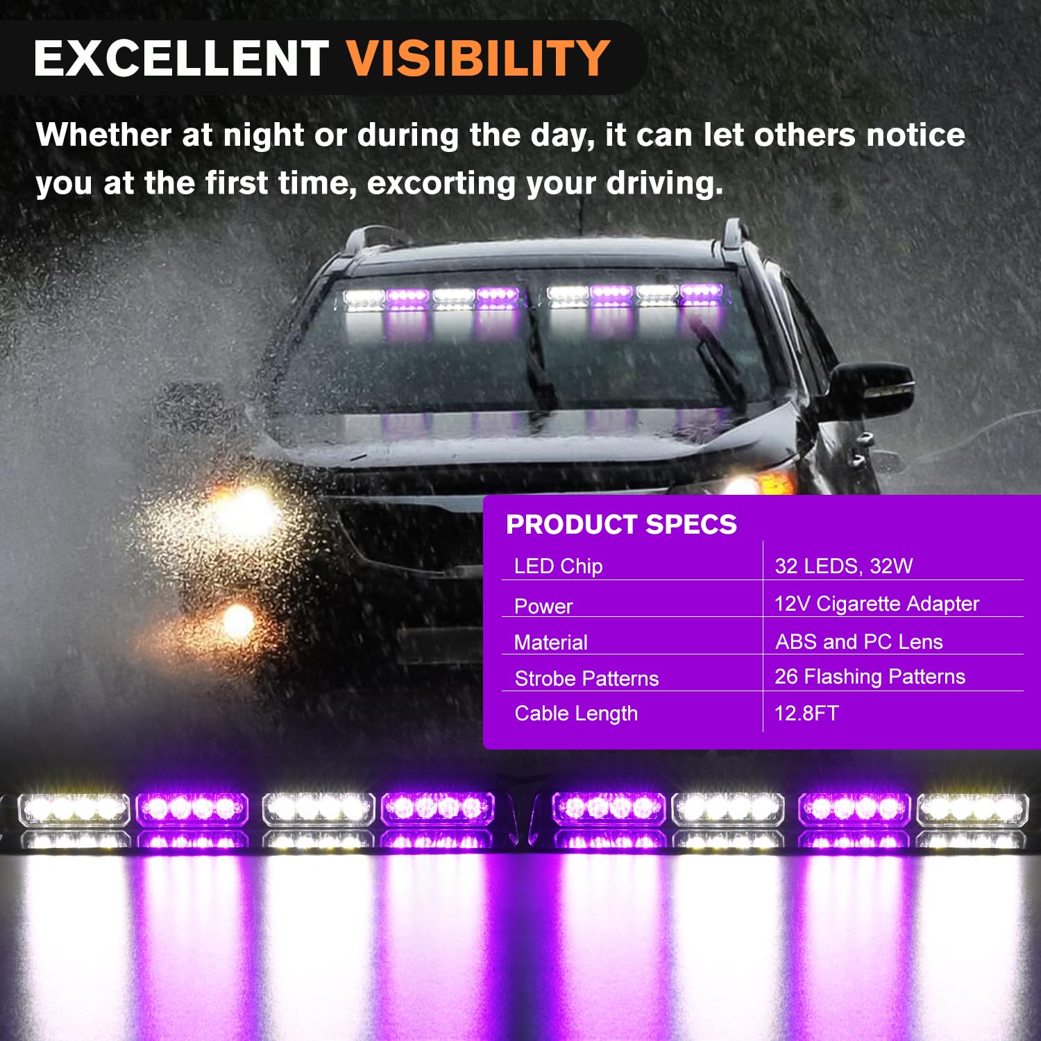 Foto 4 pulgar | Luces Estroboscópicas De Emergencia Para Salpicadero, 32 Led, Color Lila Y Blanco - Venta Internacional.