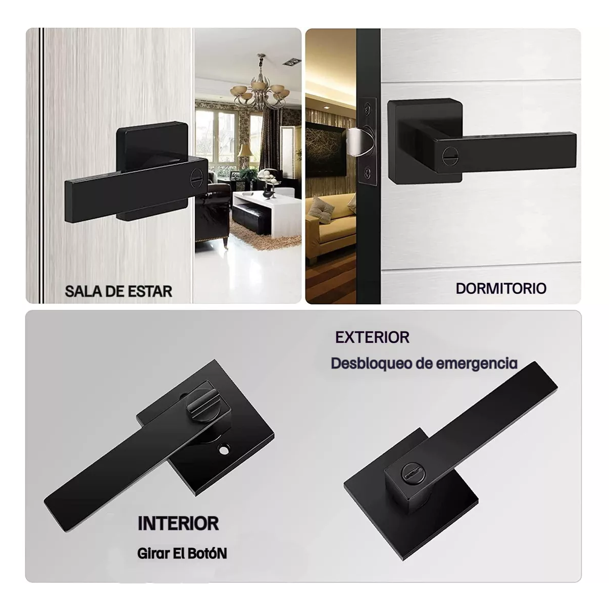 Foto 3 pulgar | Cerradura Negra Con Manija Cuadrada O Puerta De Dormitorio Negra