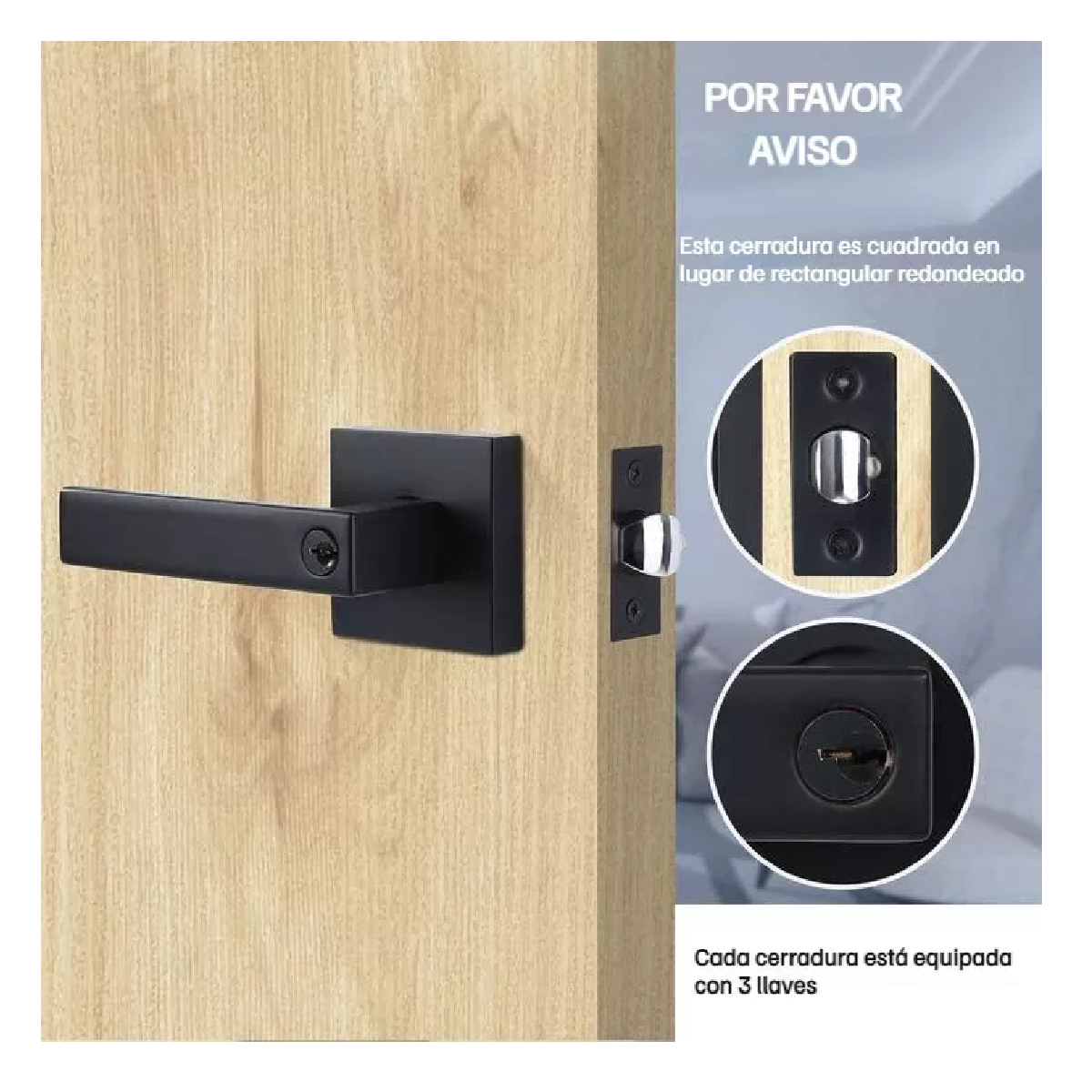 Foto 5 pulgar | Cerradura Negra Con Manija Cuadrada O Puerta De Dormitorio Negra