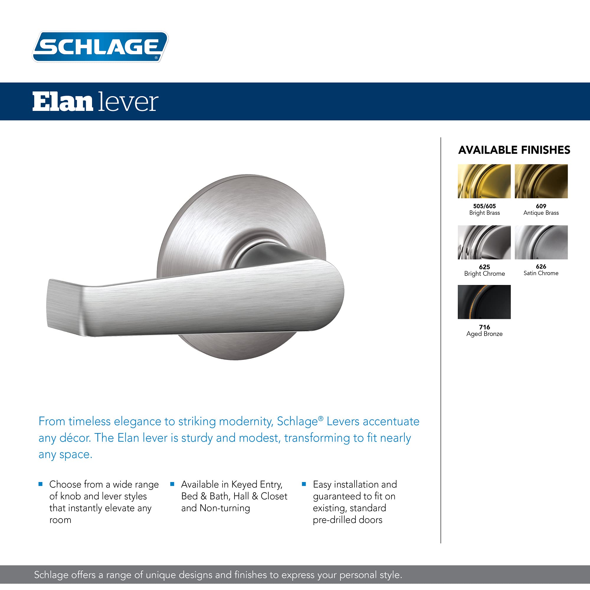 Foto 3 pulgar | Palanca De Puerta Schlage F40 Ela 626 Elan Con Cierre De Privacidad Para Cama Y Baño - Venta Internacional.
