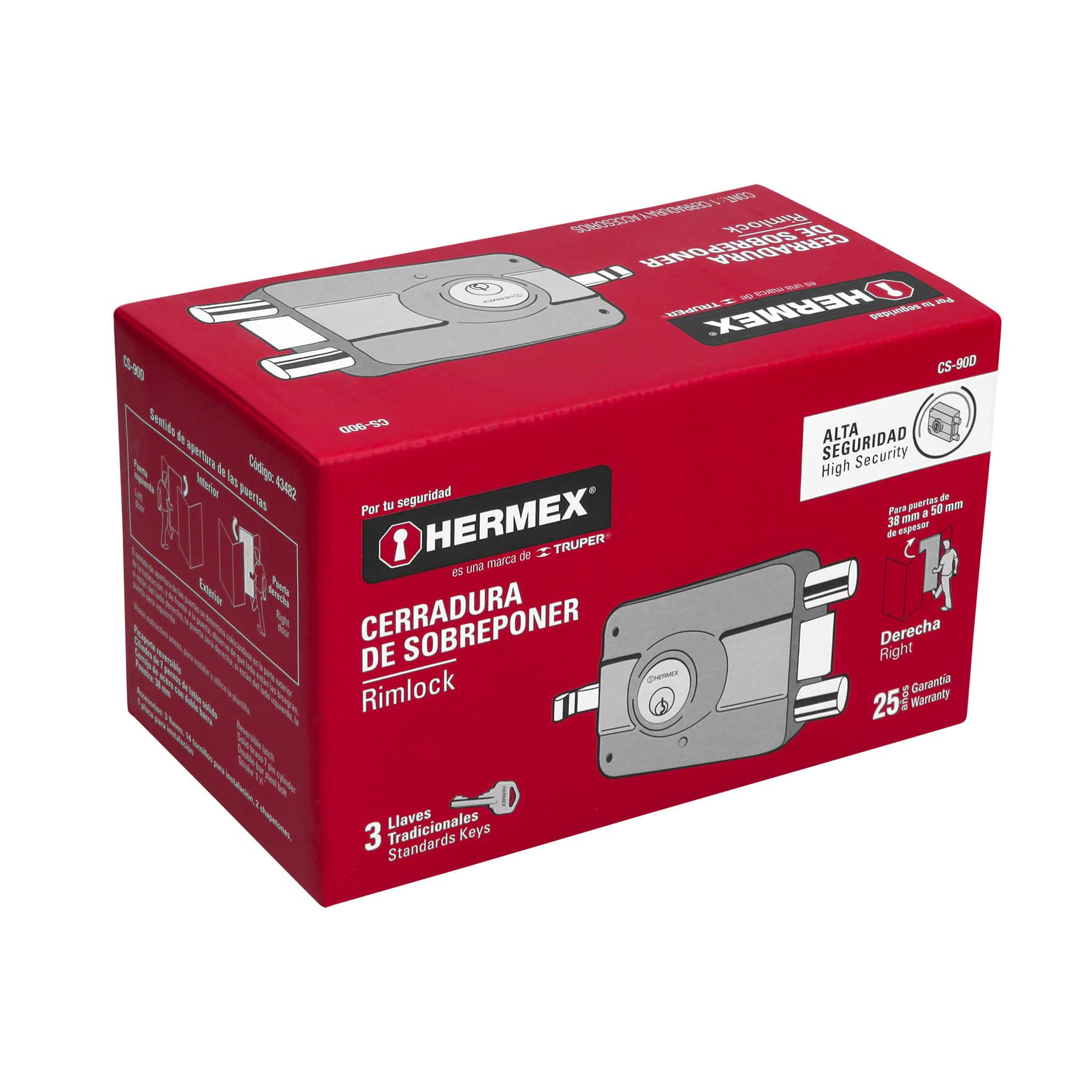 Foto 2 | Cerradura Sobreponer Hermex CS-90D color Gris Derecha 2 Barras Clásica Llave Tradicional