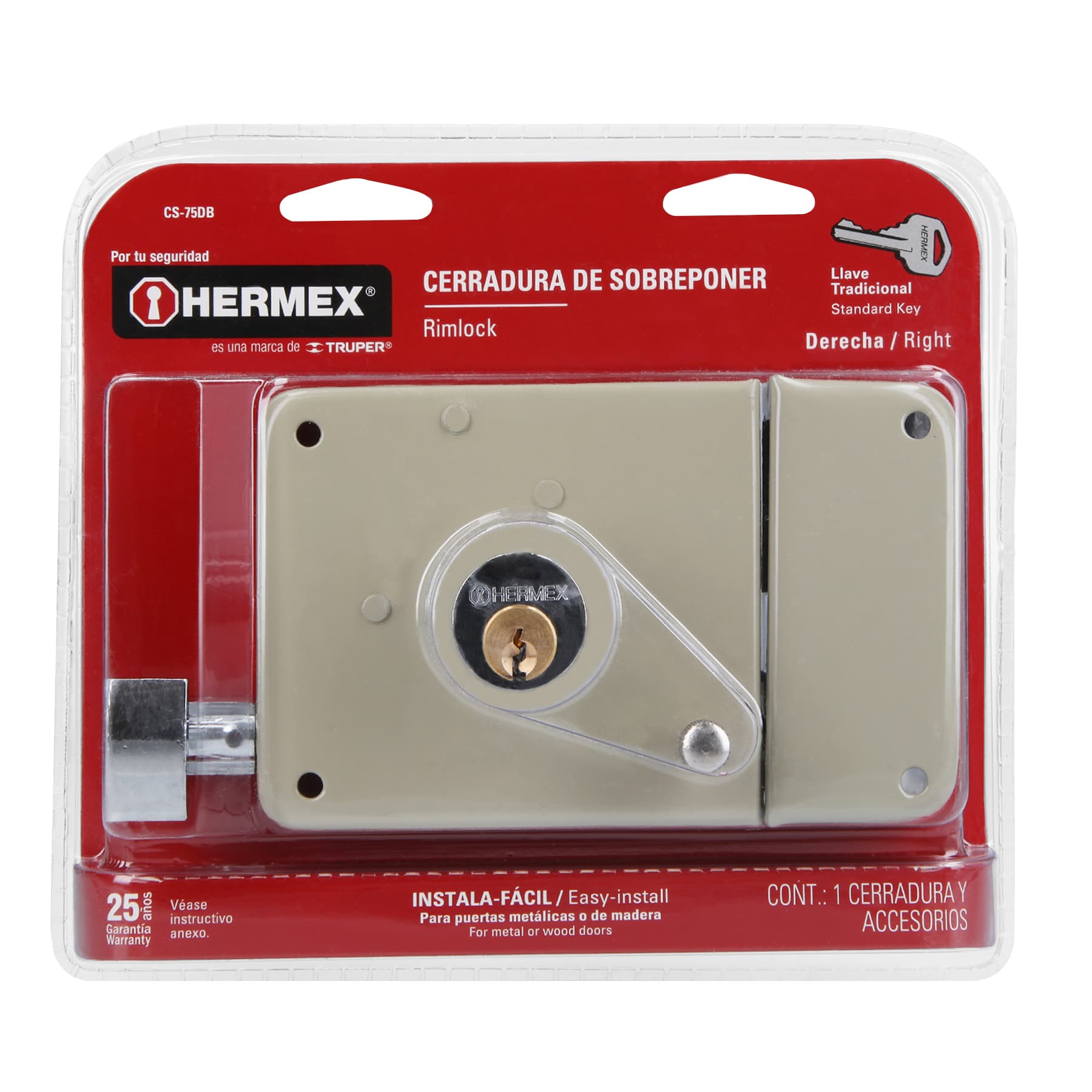 Foto 2 | Cerradura Sobreponer Hermex CS-75DB color Gris Derecha Instala Fácil Tradicional Blíster