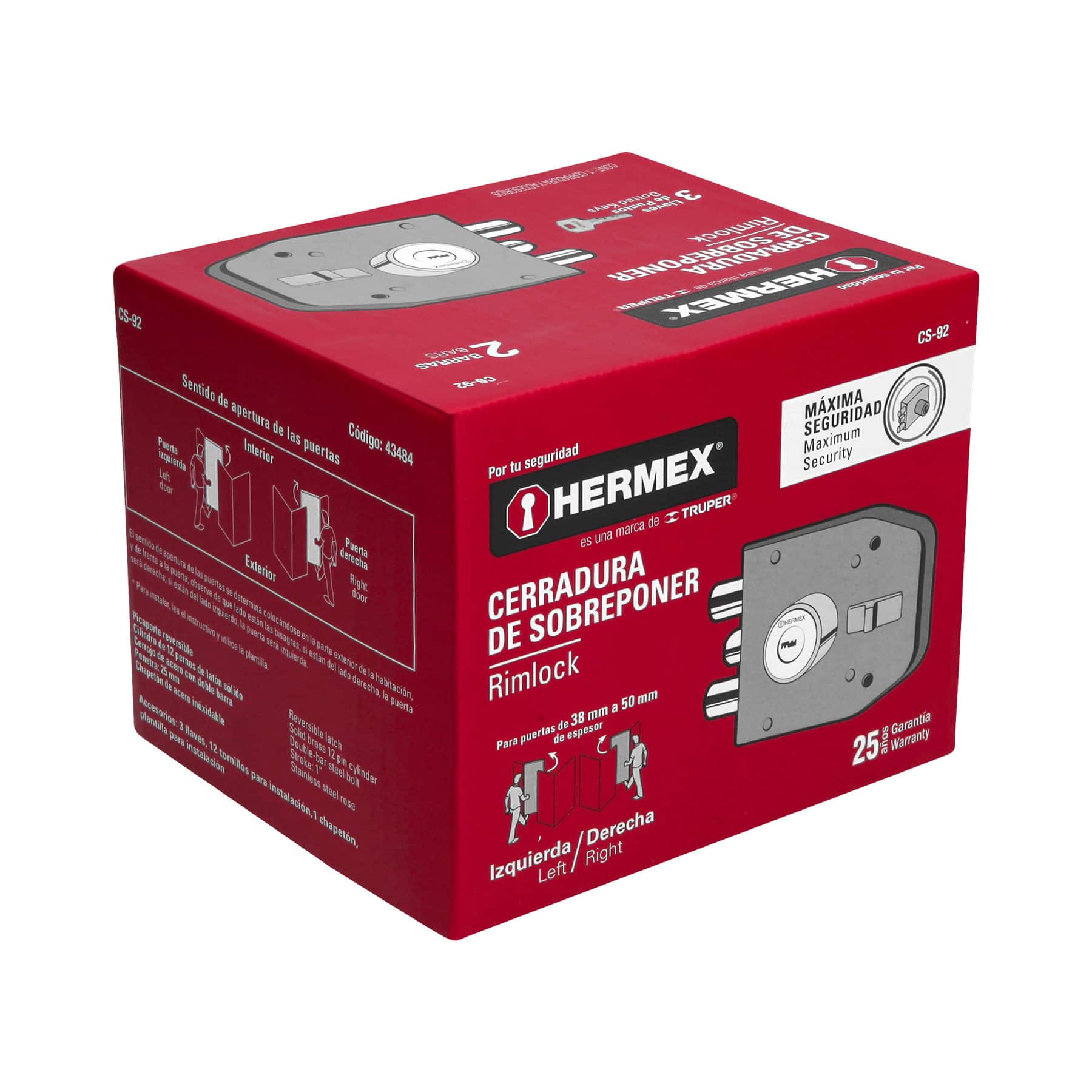 Foto 2 | Cerradura de Sobreponer Hermex CS-92 color Gris 2 Barras Instala Fácil Llave Puntos