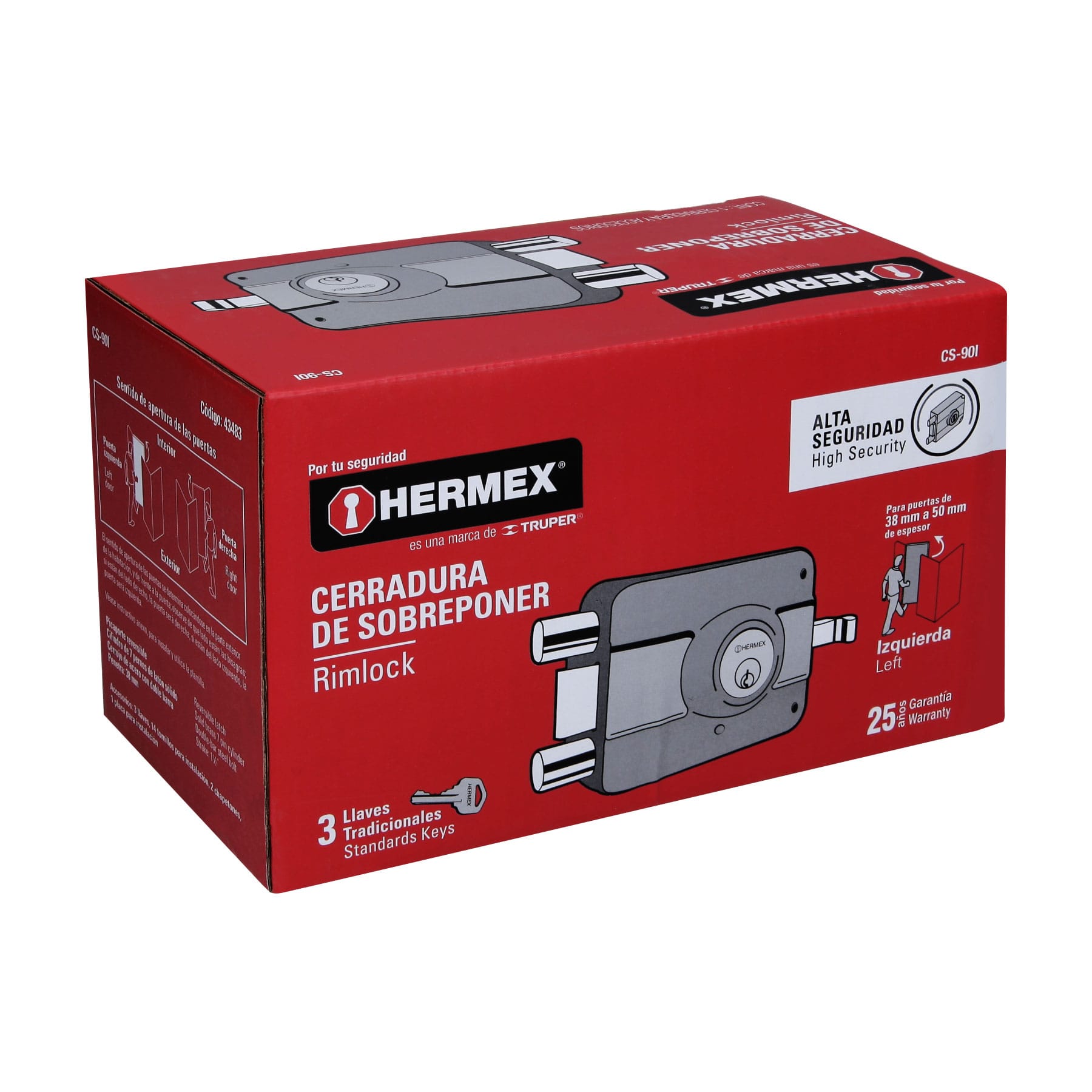 Foto 3 pulgar | Cerradura Sobreponer Hermex CS-90I color Gris Izquierda 2 Barras Clásica Llave Tradicional