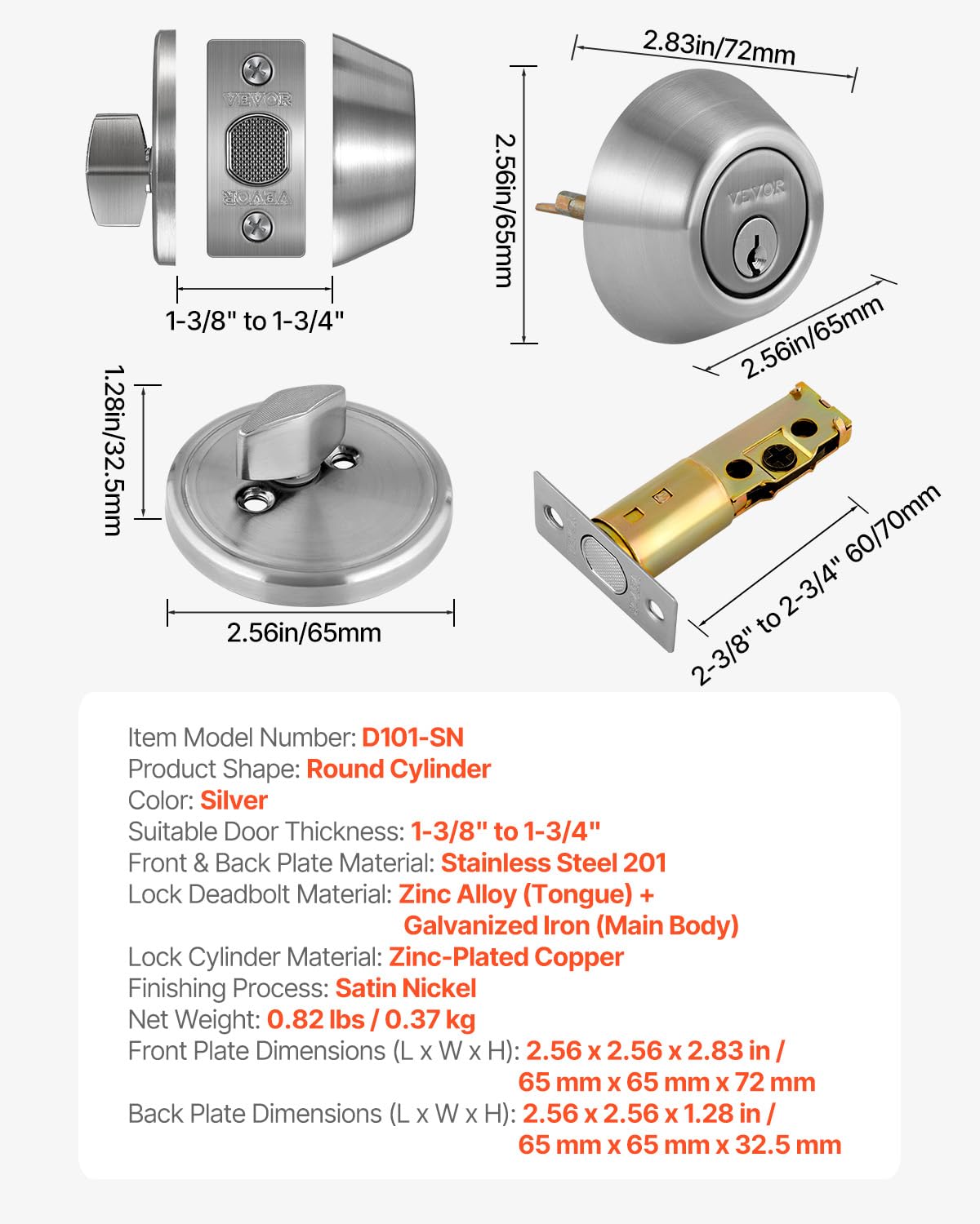 Foto 8 pulgar | Deadbolt Lock Vevor, Redondo, Monocilíndrico, Níquel Satinado - Venta Internacional.