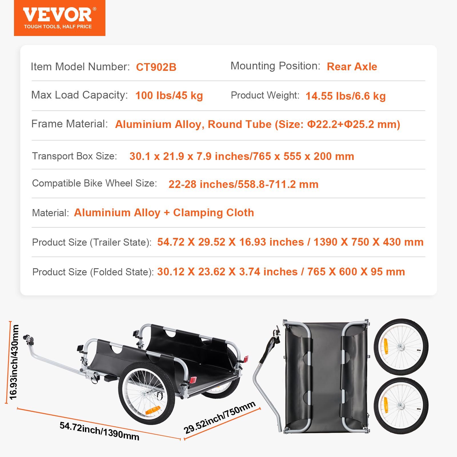 Foto 8 pulgar | Remolque De Carga Para Bicicleta Vevor, 45 Kg De Capacidad De Carga, Plegable, 16 Ruedas - Venta Internacional.