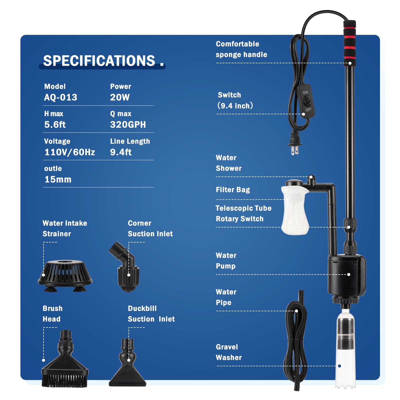 Foto 8 pulgar | Limpiador De Grava Para Acuarios Aqqa 6 En 1 Eléctrico, 20 W, 320 L/h, 110 V - Venta Internacional.