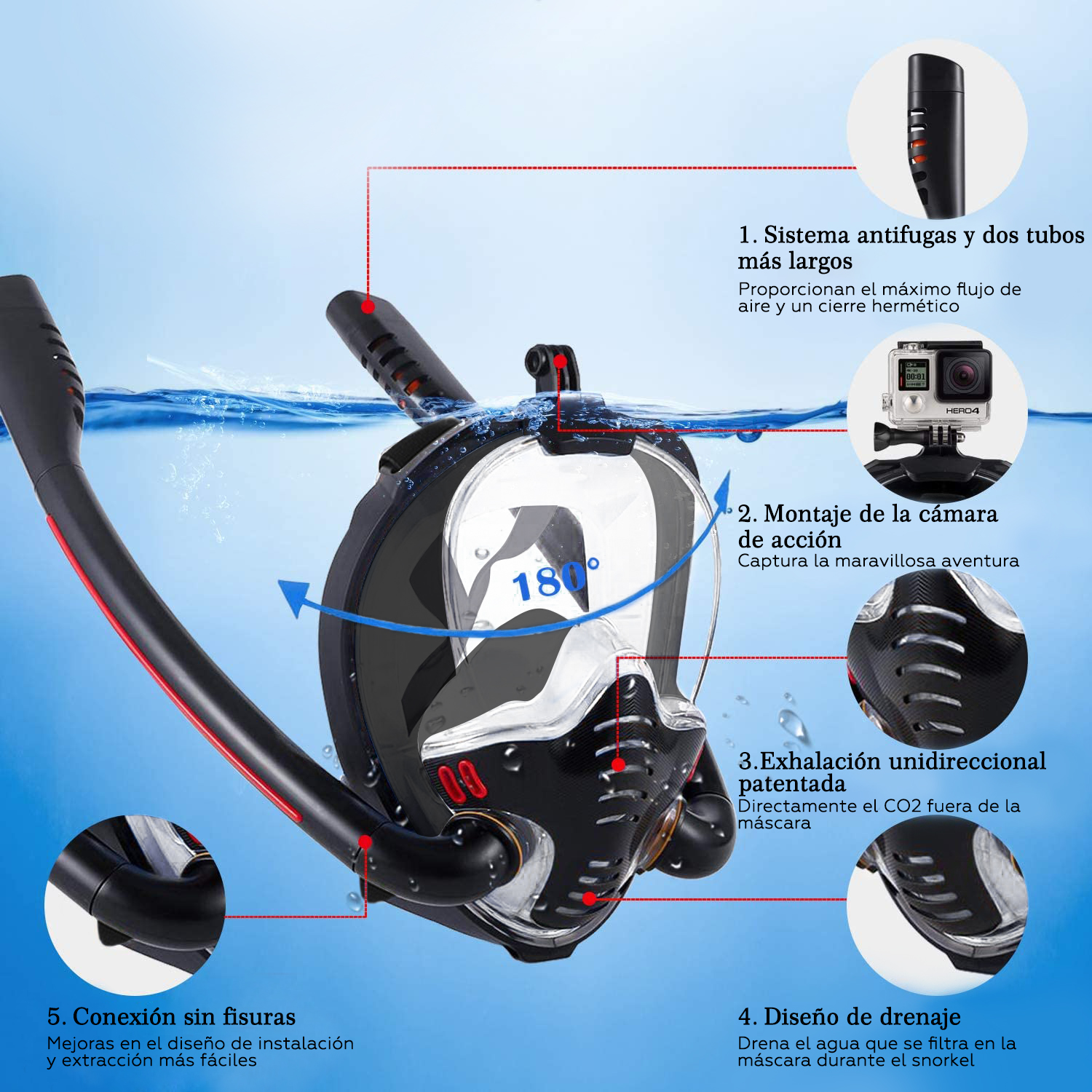Foto 3 pulgar | Máscara Snorkel de Buceo de Cara Completa Doble Tubo Sangkee H100015 color Negro
