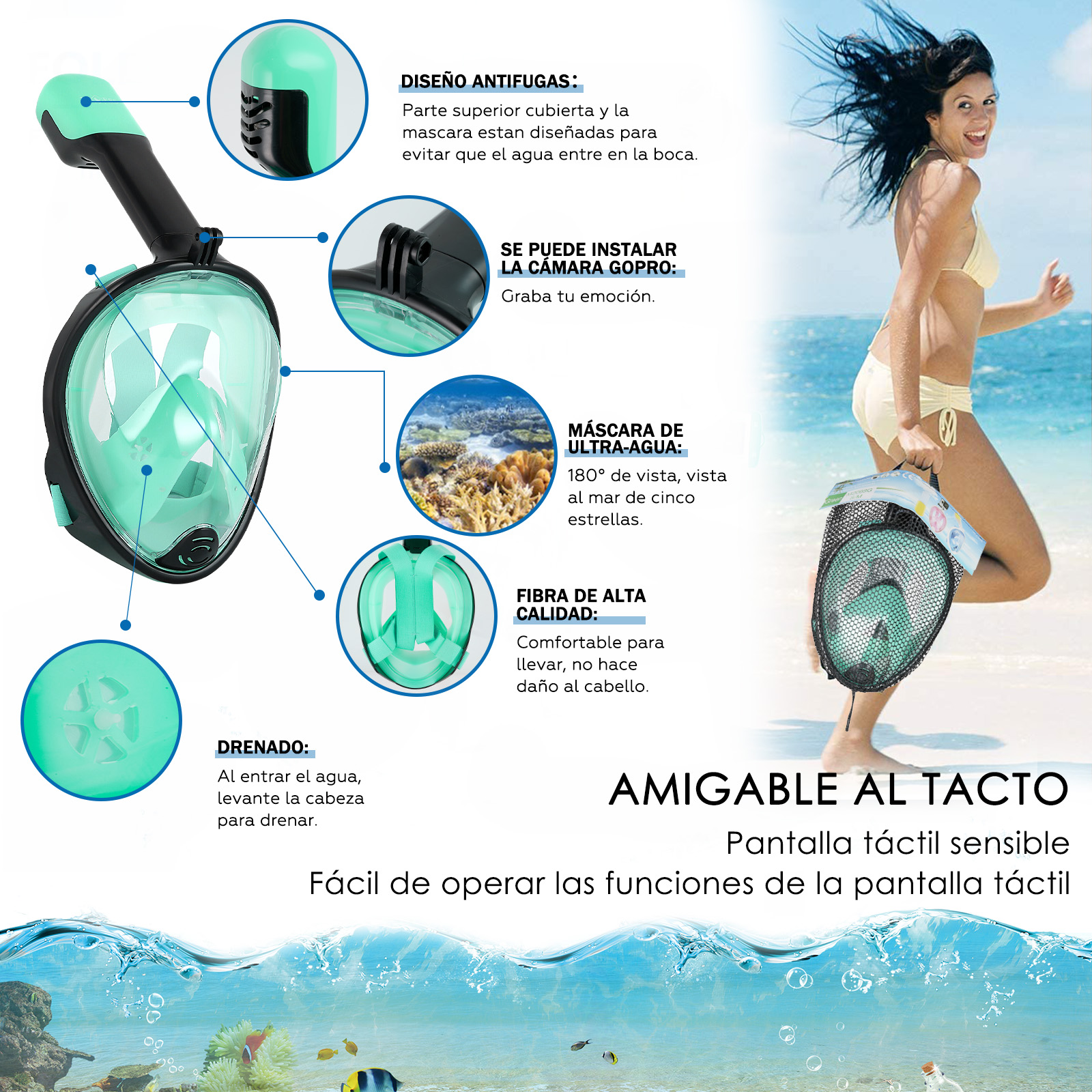 Foto 3 pulgar | Máscara de Buceo Generac Paquetes de Esnórquel, Mascarilla Pleno con Bolsa Impermeable, Color Verde Vista De 180° T