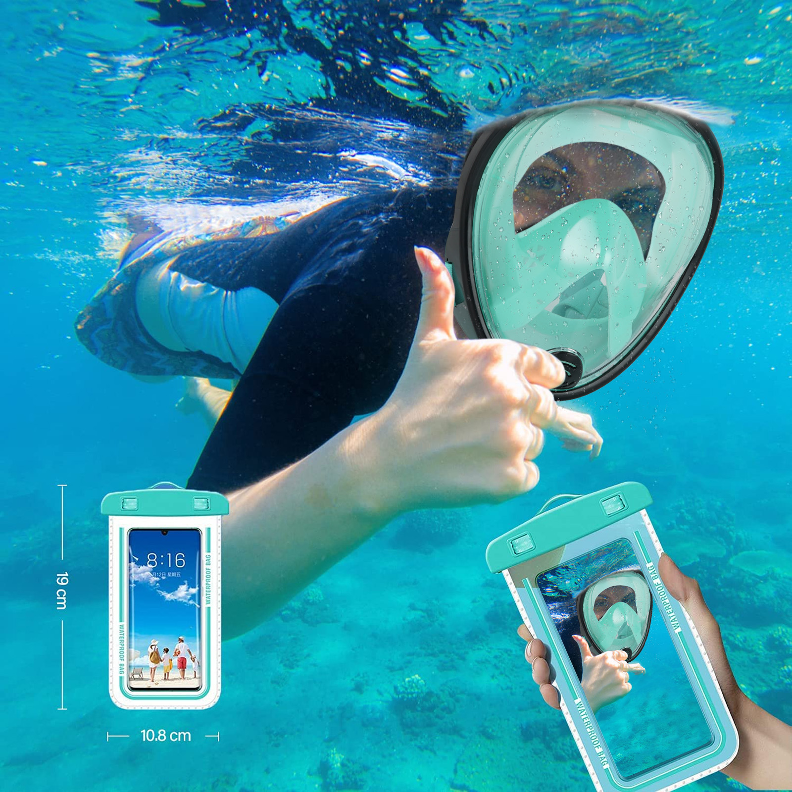 Foto 7 pulgar | Máscara de Buceo Generac Paquetes de Esnórquel, Mascarilla Pleno con Bolsa Impermeable, Color Verde Vista De 180° T