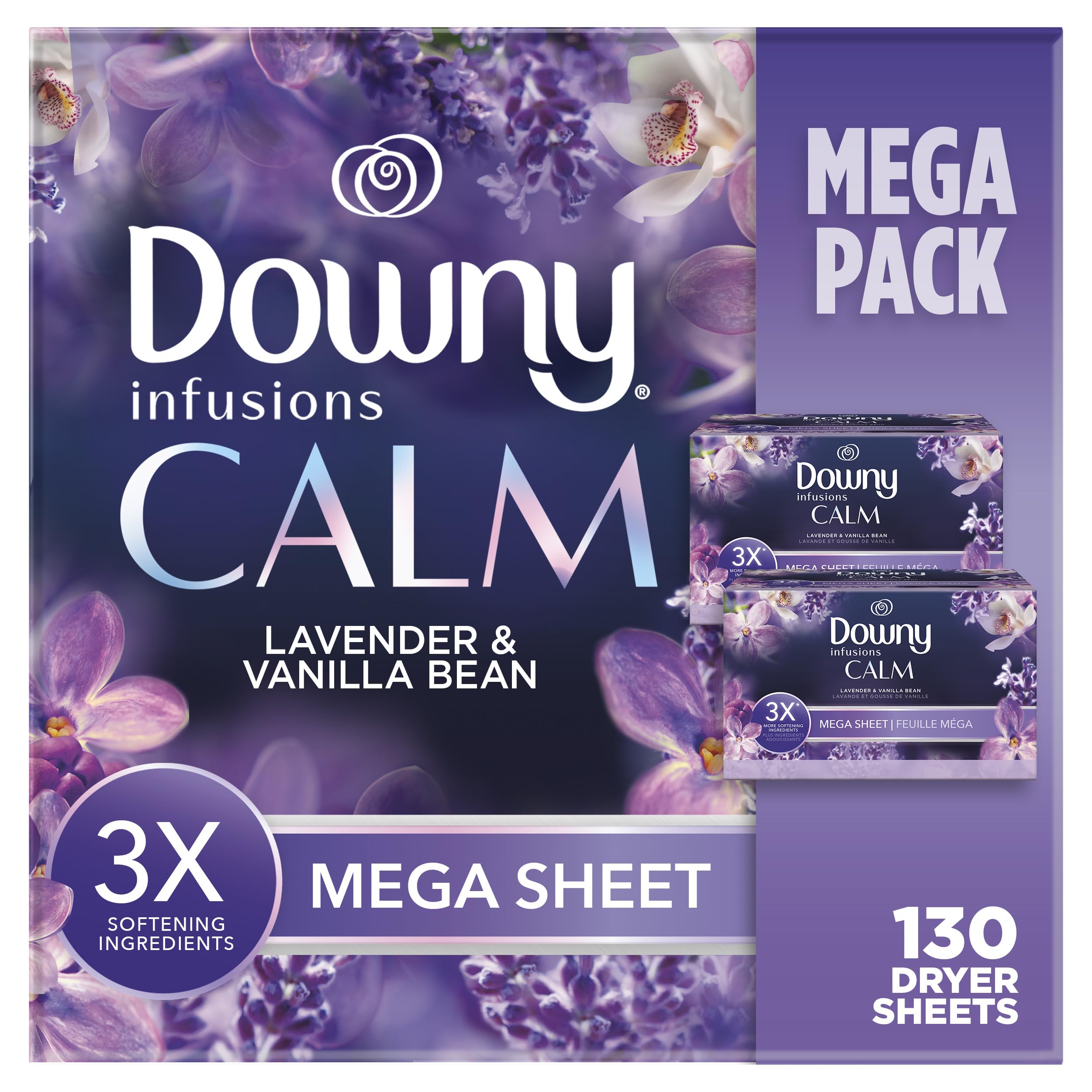 Toallas Para Secadora Downy Infusions Mega Calm Lavender Vanilla, 130 Unidades - Venta Internacional.