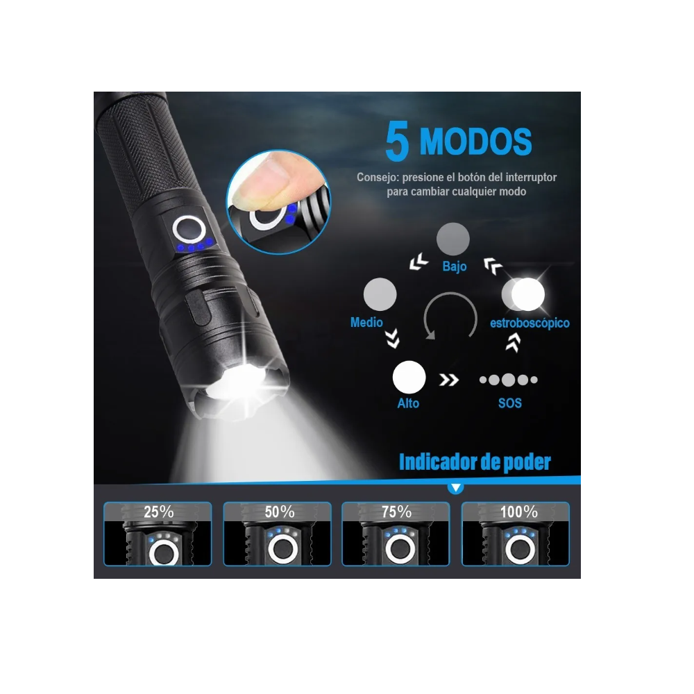 Foto 4 pulgar | Lampara Táctica 4000lm Recargable Usb Malubero color Negro
