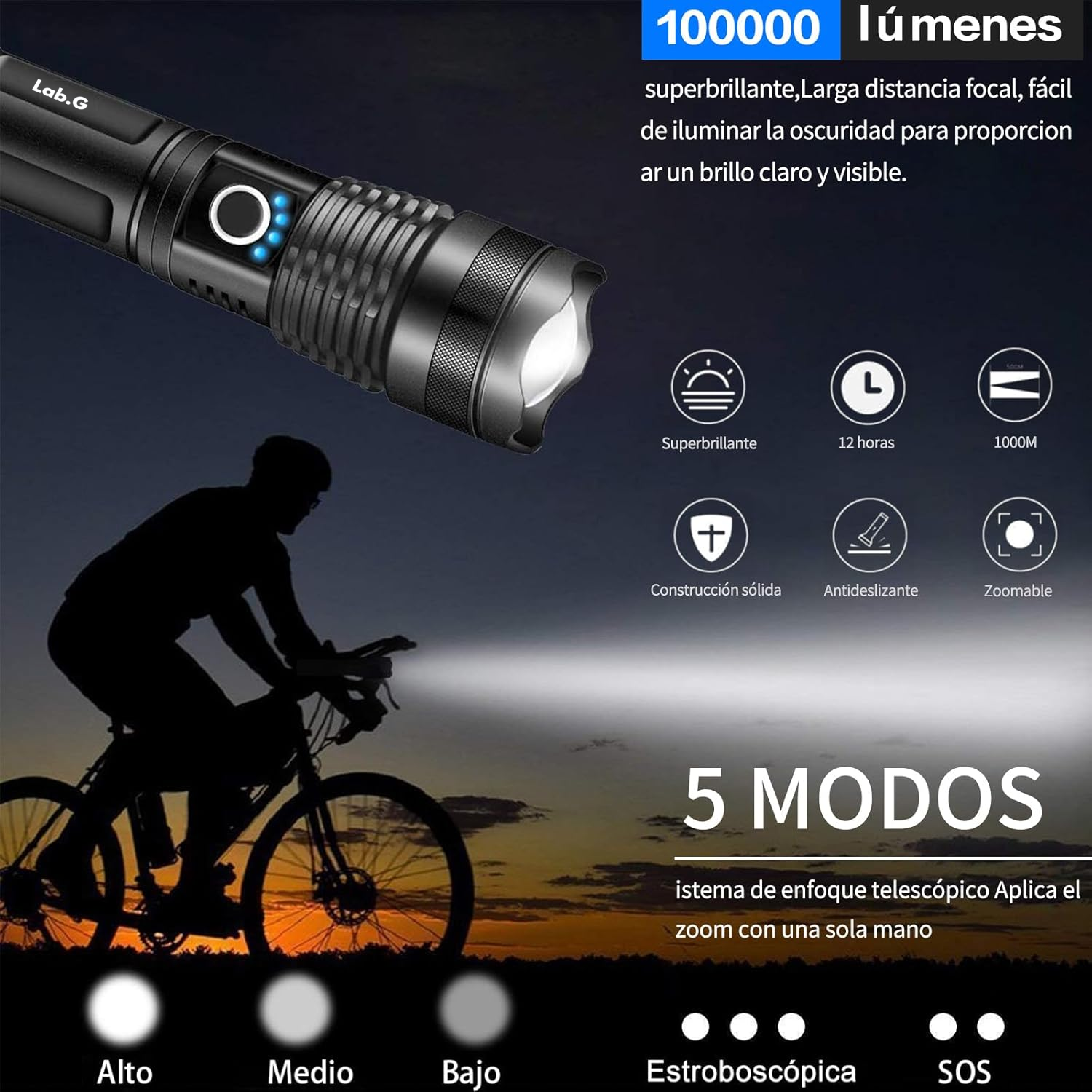 Foto 3 pulgar | Lámpara Táctica Lab.g Led 4000lm Usb Recargable 8000mah T50 Negro