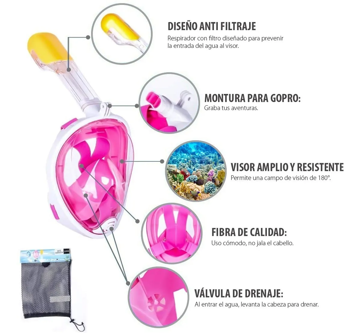 Foto 4 pulgar | Máscara de Snorkel Gafas 180 grados color Rosa L/xl