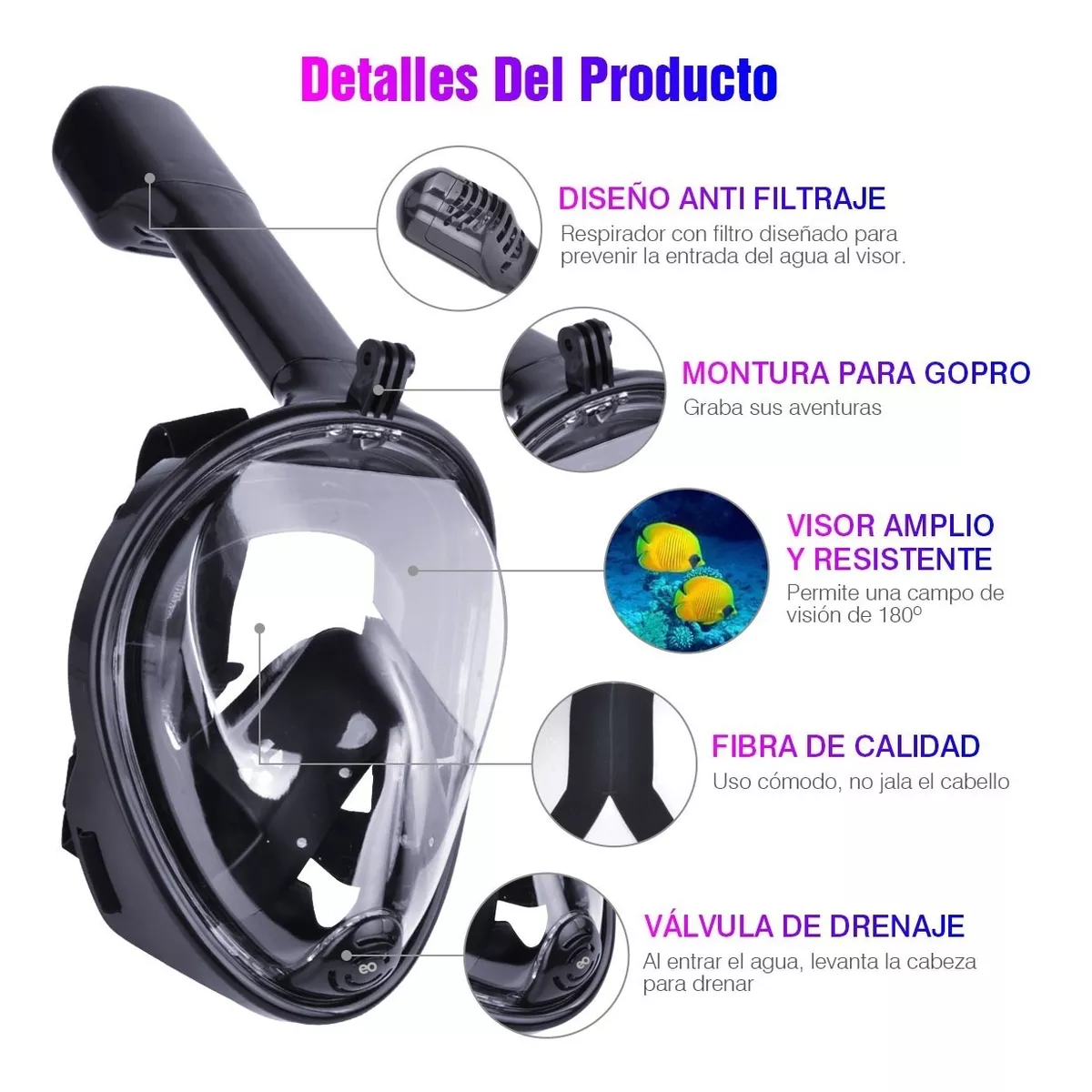Foto 4 pulgar | Máscara De Snorkel Buceo Gafas 180° Con Adaptador S/m Eo Safe Imports Esi-4755-1 Negro