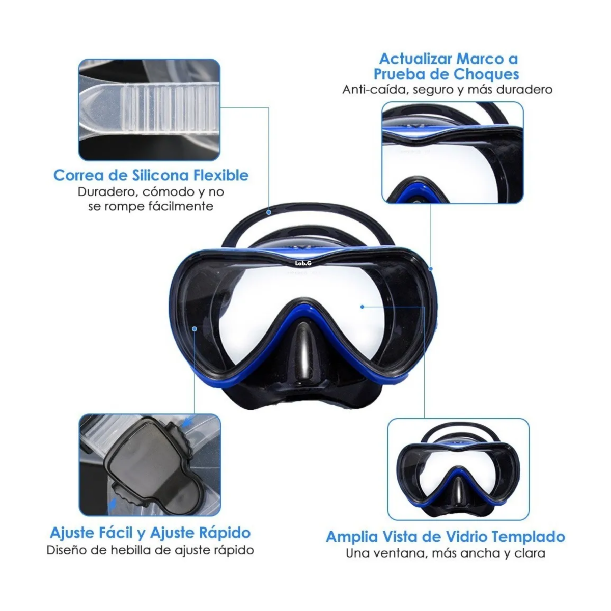 Foto 3 | Mascara De Snorkel Visores Buceo 180º Lentes Anti Niebla Lab.g /azul