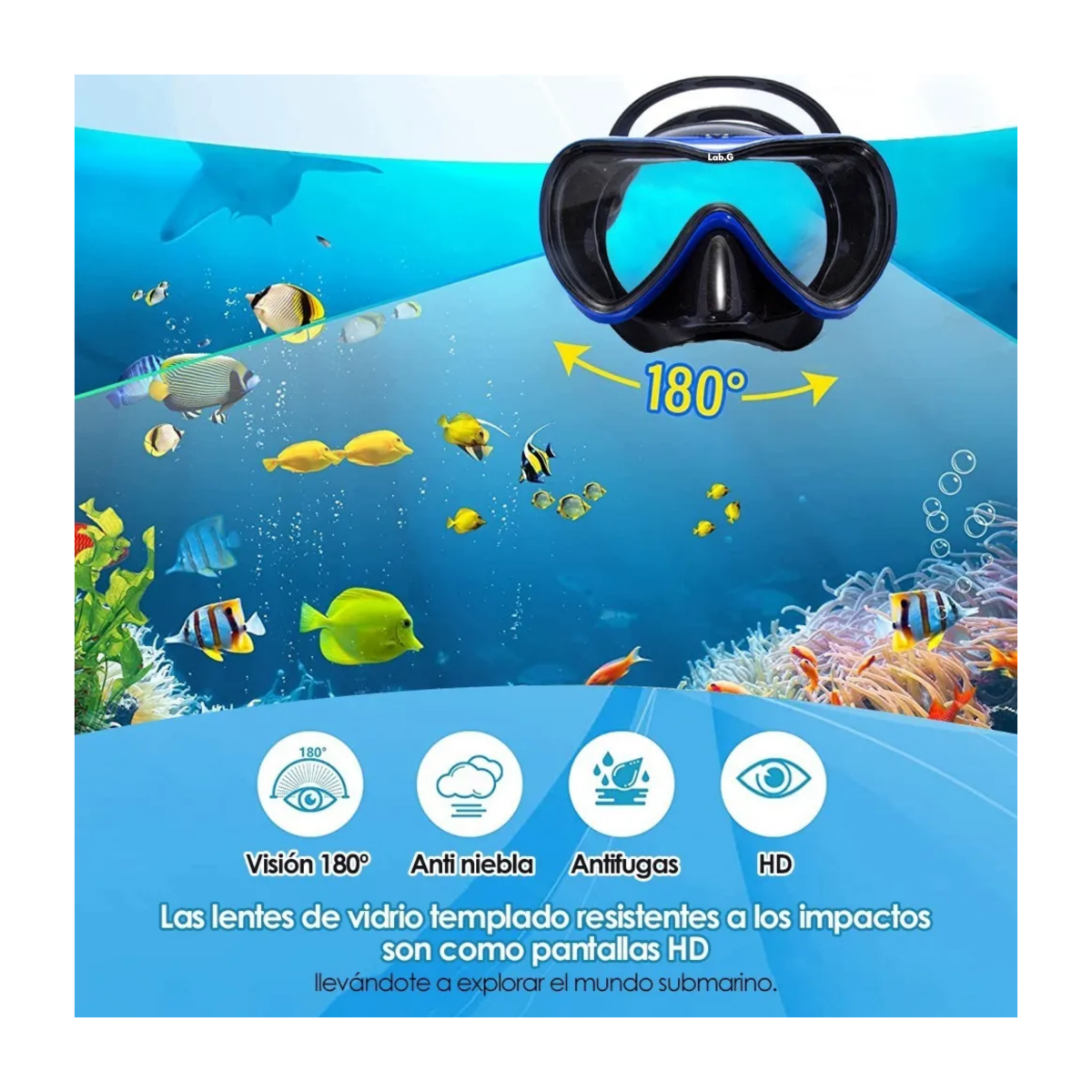 Foto 4 | Mascara De Snorkel Visores Buceo 180º Lentes Anti Niebla Lab.g /azul