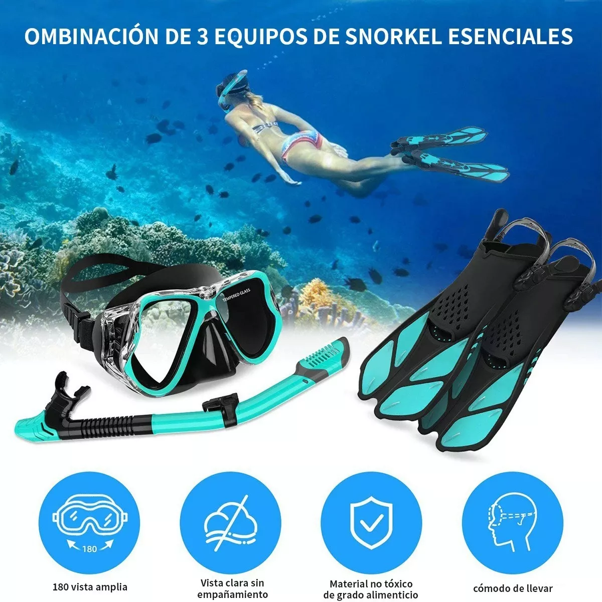 Foto 3 pulgar | Juego De Snorkel Con Máscara,buceo,aletas,bolsas Talla S Eo Safe Imports Esi-8466 Verde